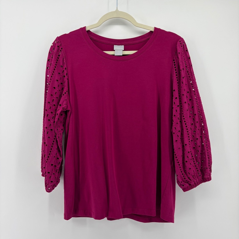 Chico's Womens M Magenta Top Eyelet Embroidered 3/4 Balloon Sleeve Crew Neck